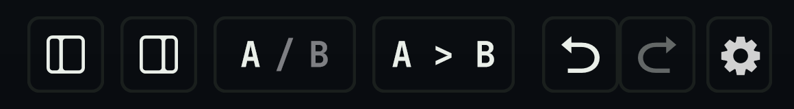 Sidebar と Meter の表示切替、A / B、A > B、Undo / Redo、Settings